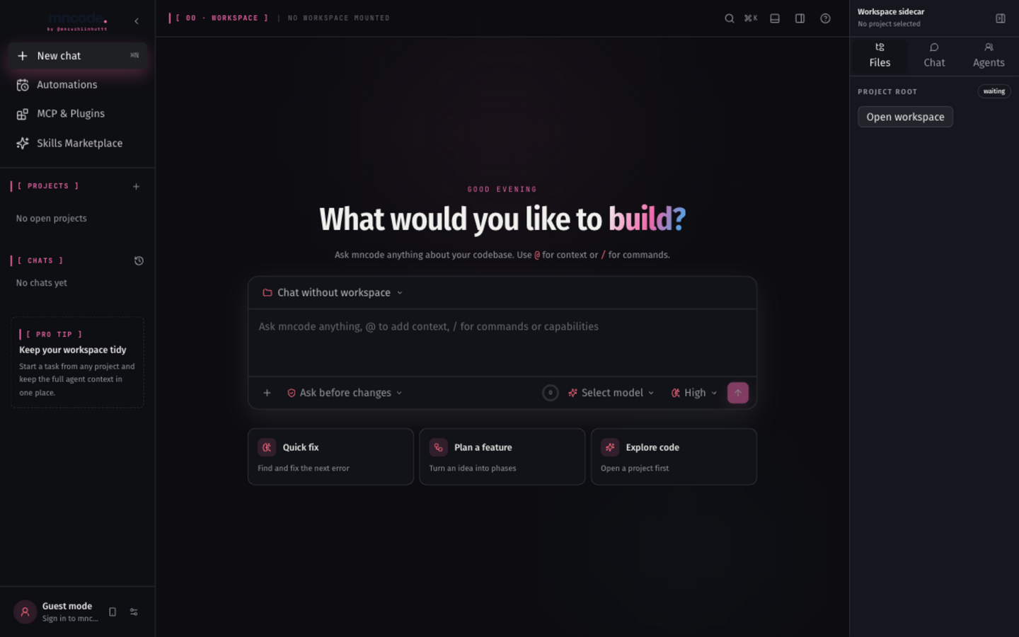 mncode Desktop workspace, dark cockpit with centered composer and starter prompts